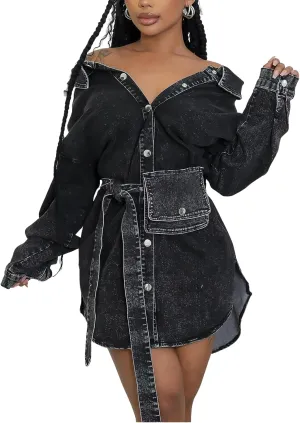 ebossy Women's Classic Lapel Denim Jacket Button Down Distressed Washed Mid Long Jean Trench Coat with Belt