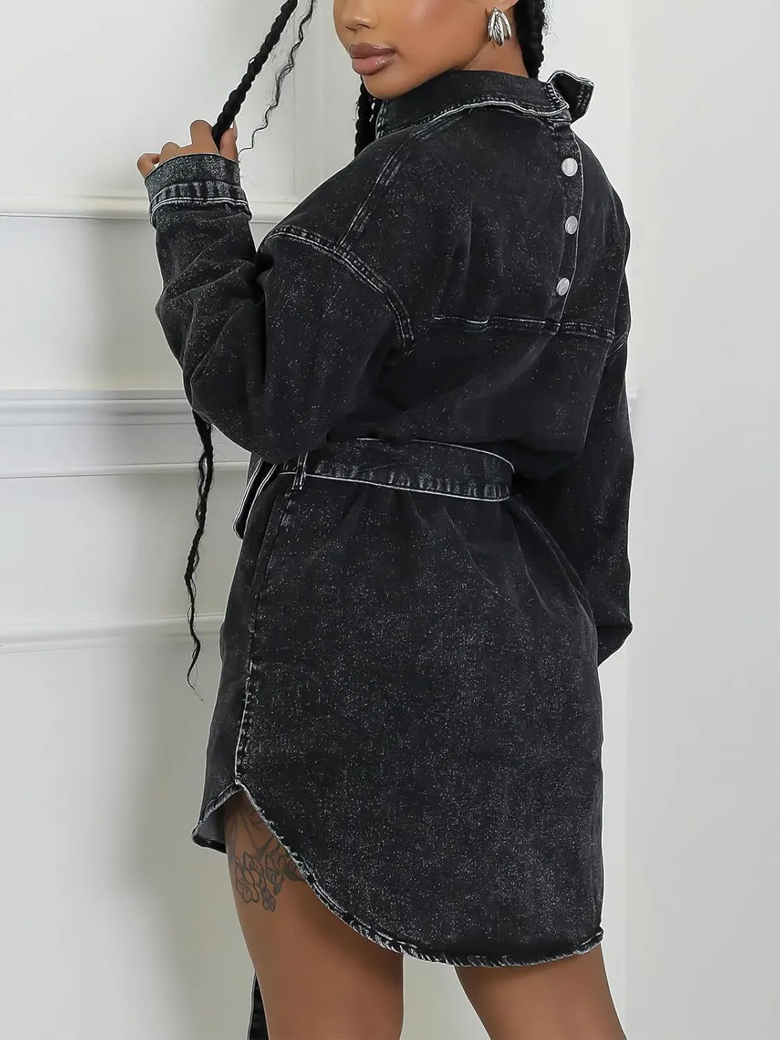 ebossy Women's Classic Lapel Denim Jacket Button Down Distressed Washed Mid Long Jean Trench Coat with Belt