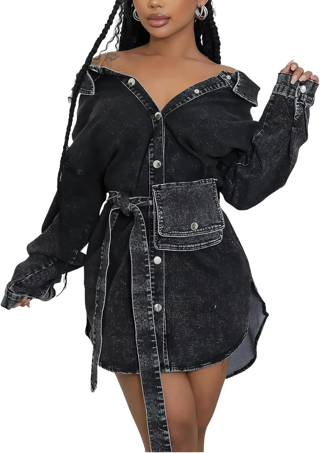 ebossy Women's Classic Lapel Denim Jacket Button Down Distressed Washed Mid Long Jean Trench Coat with Belt