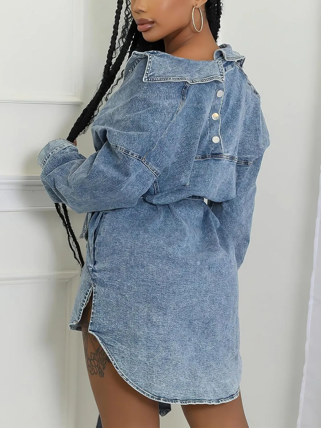 ebossy Women's Classic Lapel Denim Jacket Button Down Distressed Washed Mid Long Jean Trench Coat with Belt