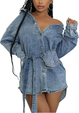 ebossy Women's Classic Lapel Denim Jacket Button Down Distressed Washed Mid Long Jean Trench Coat with Belt
