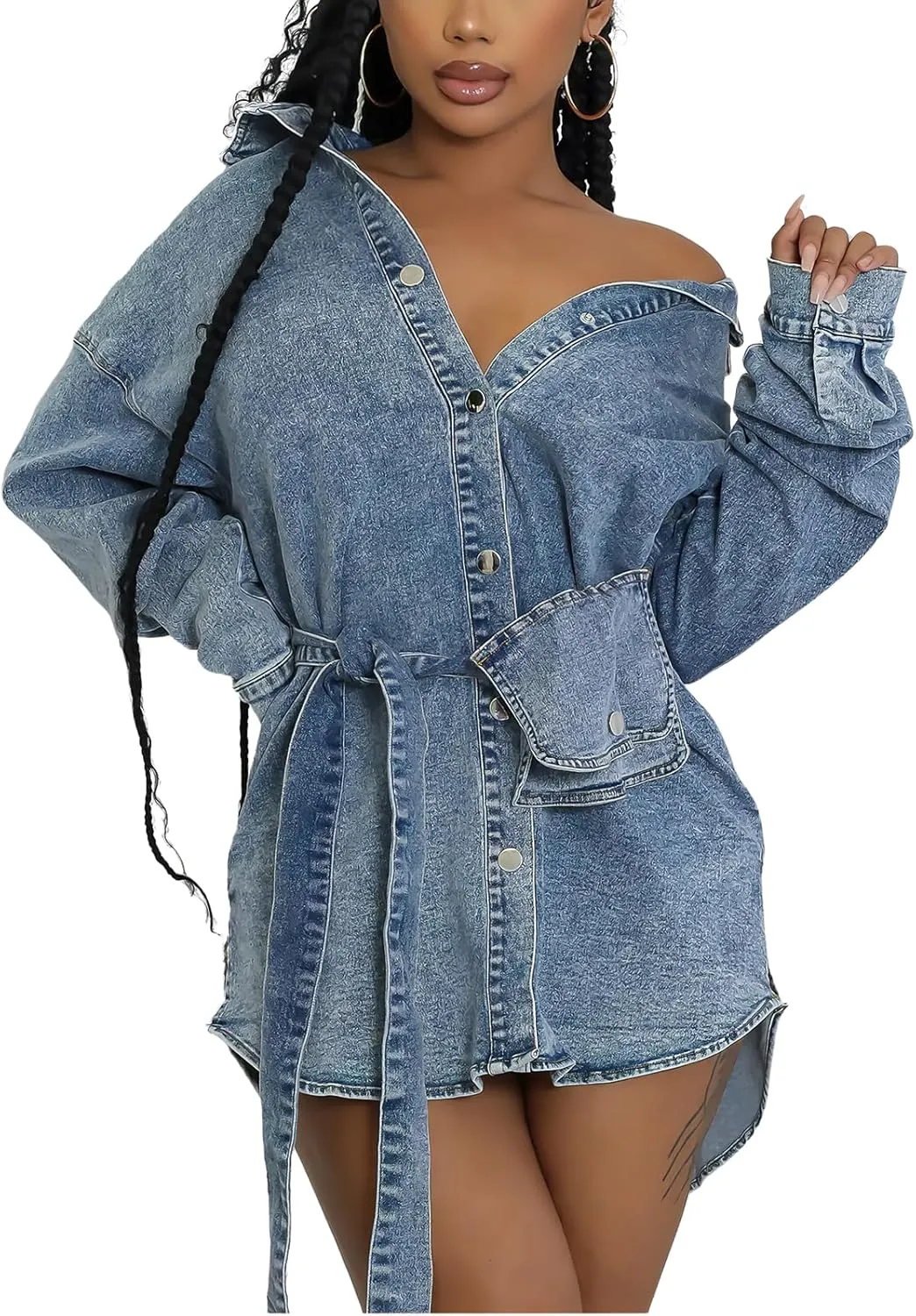 ebossy Women's Classic Lapel Denim Jacket Button Down Distressed Washed Mid Long Jean Trench Coat with Belt