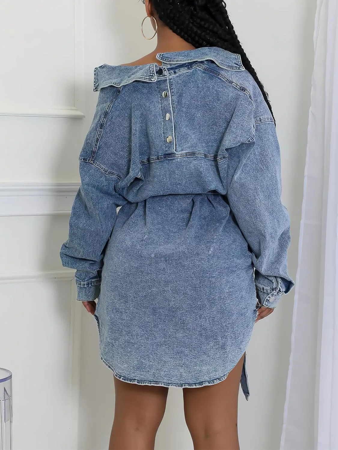 ebossy Women's Classic Lapel Denim Jacket Button Down Distressed Washed Mid Long Jean Trench Coat with Belt