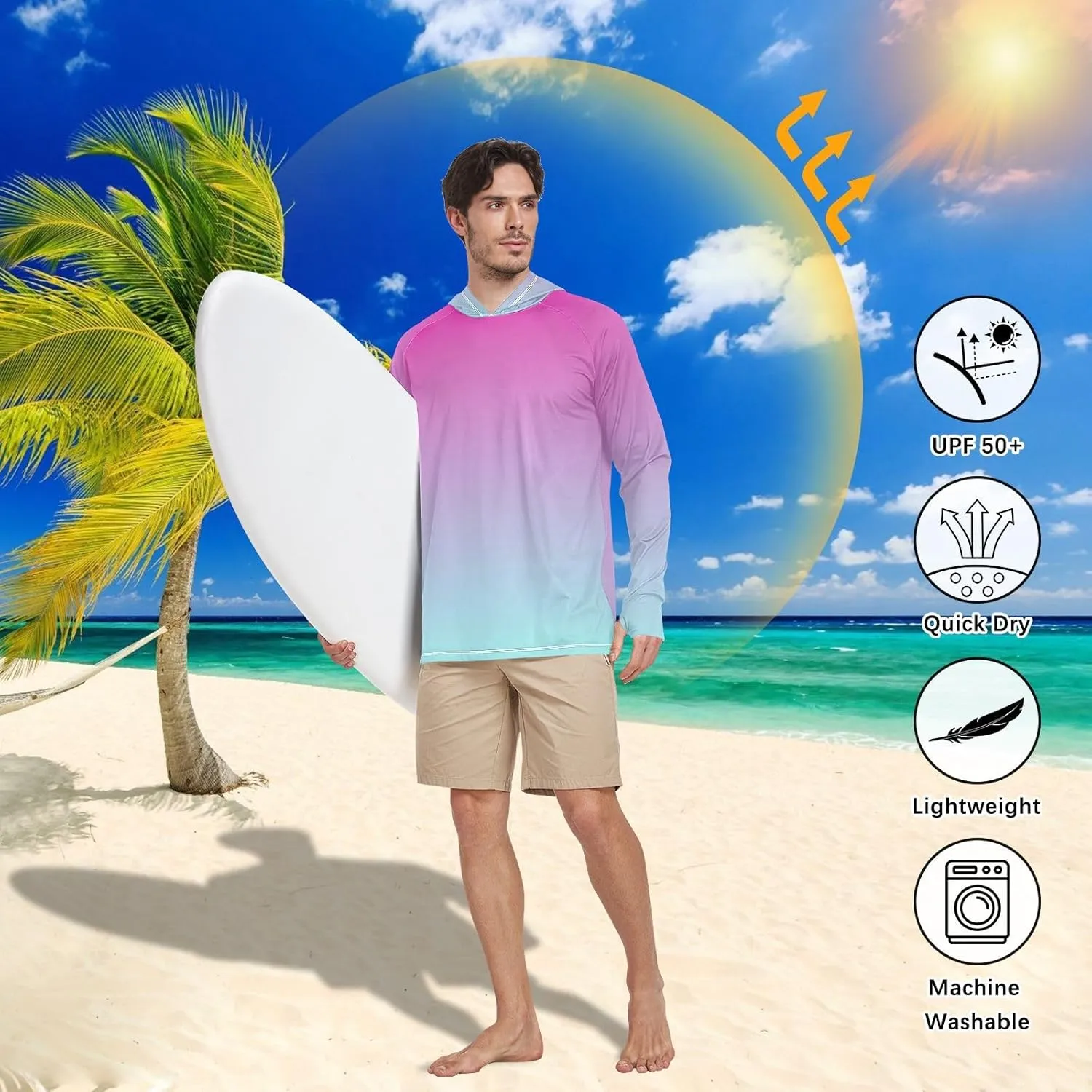 GAIGEO Cooling SPF Shirts for Men, Lightweight Hoodies Summer, Long Sleeve T-shirts, Modern Colorful Holographic S