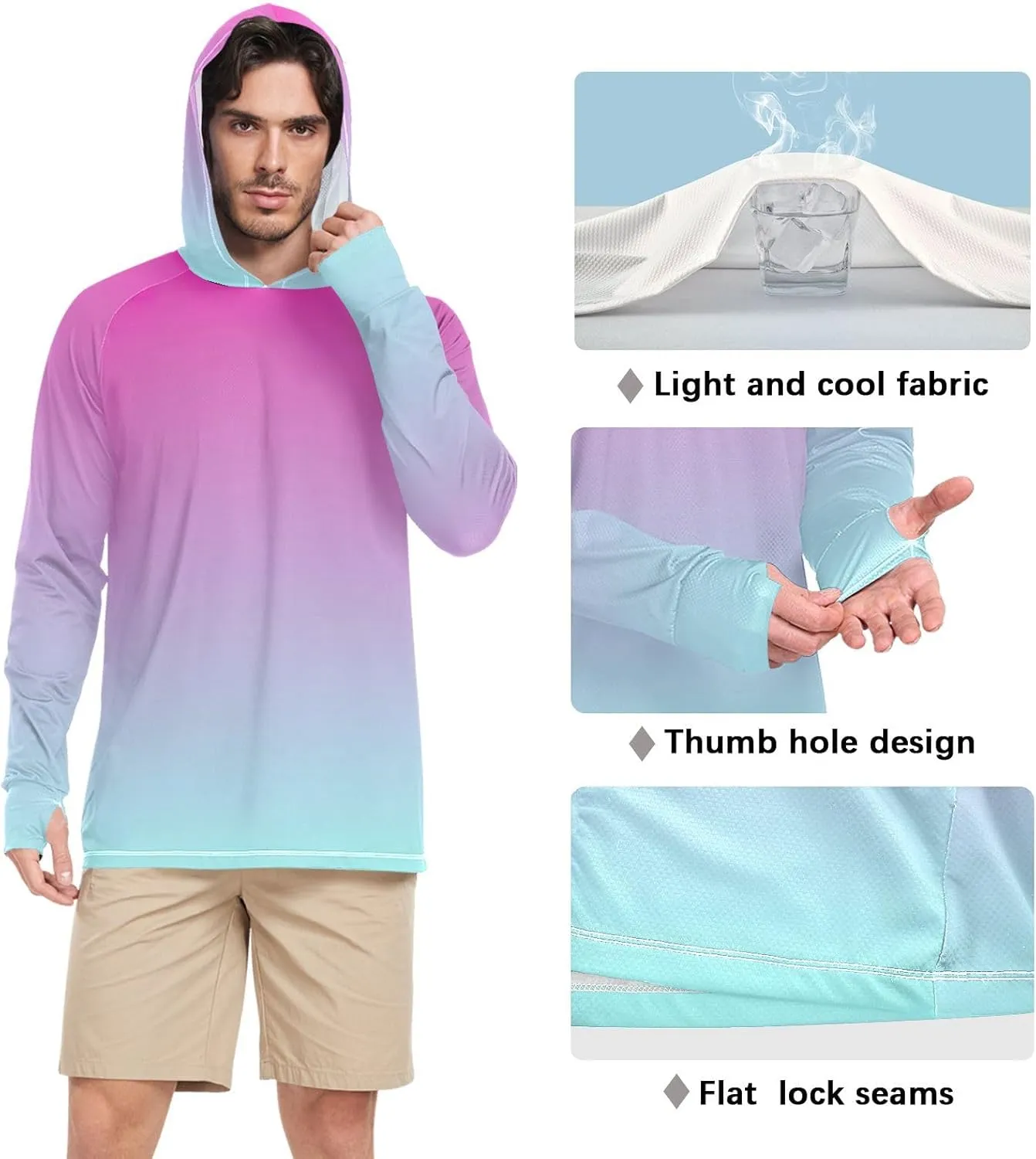 GAIGEO Cooling SPF Shirts for Men, Lightweight Hoodies Summer, Long Sleeve T-shirts, Modern Colorful Holographic S