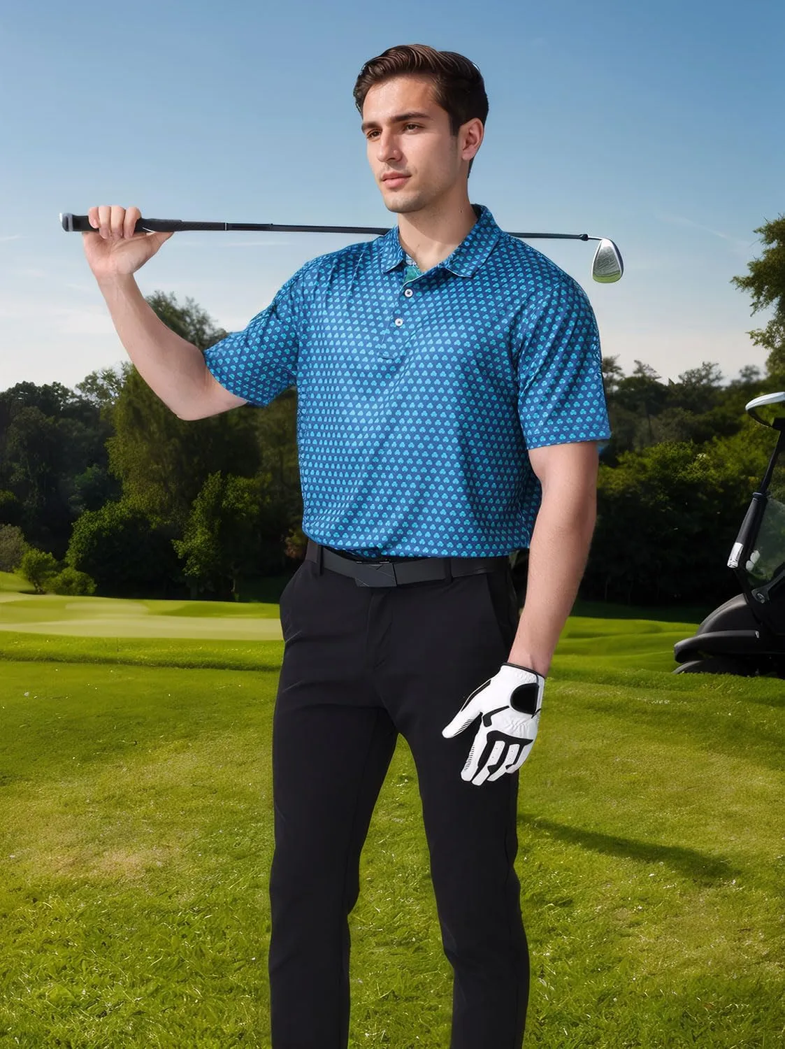 Mens Golf Polo Shirts Short Sleeve Print Performance Moisture Wicking Dry Fit Collared Golf Shirts for Men