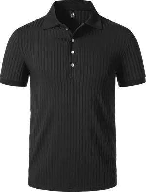 Men's Stretch Knit Slim Fit Polo Shirts Casual Short Sleeve Ribbed Collar Muscle Golf Shirt