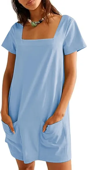 Wanzetaly Women's Green Casual Mini Dress with Square Neck, Short Sleeves, Pockets, Above Knee Length