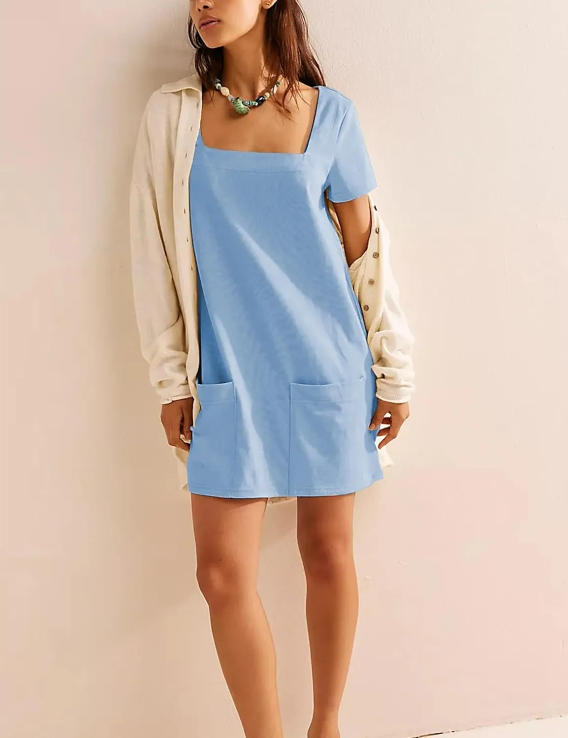 Wanzetaly Women's Green Casual Mini Dress with Square Neck, Short Sleeves, Pockets, Above Knee Length